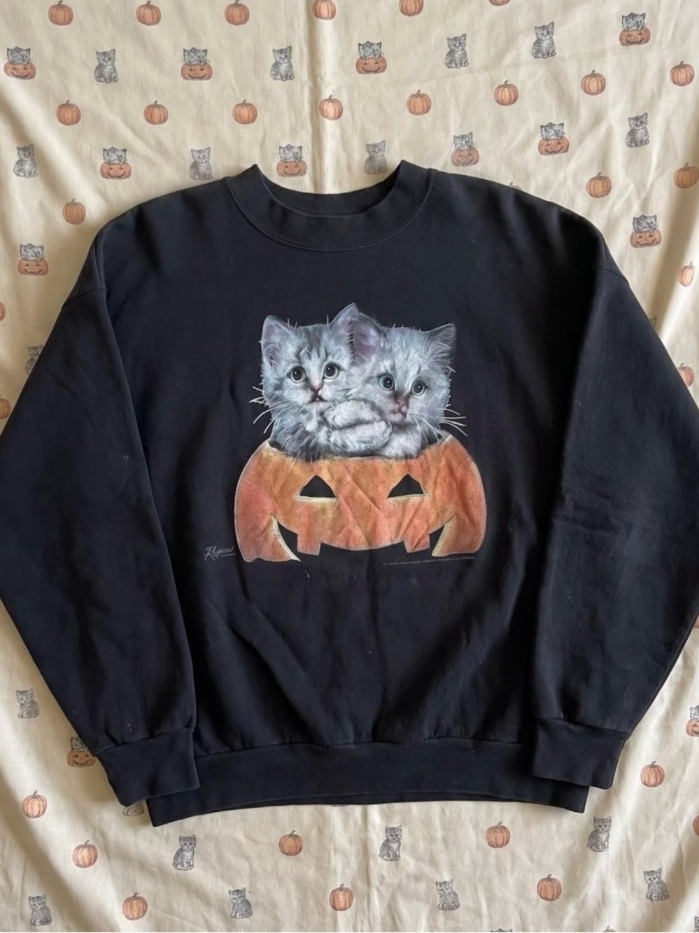 Gildan Black Sweatshirt with Orange Pumpkin and Gray Kittens Graphic